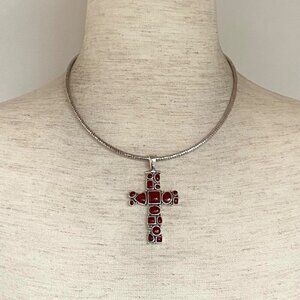 Sterling Silver 925 Red Stone Inlay Cross Hinged Pendant Necklace 16" Chain 33g